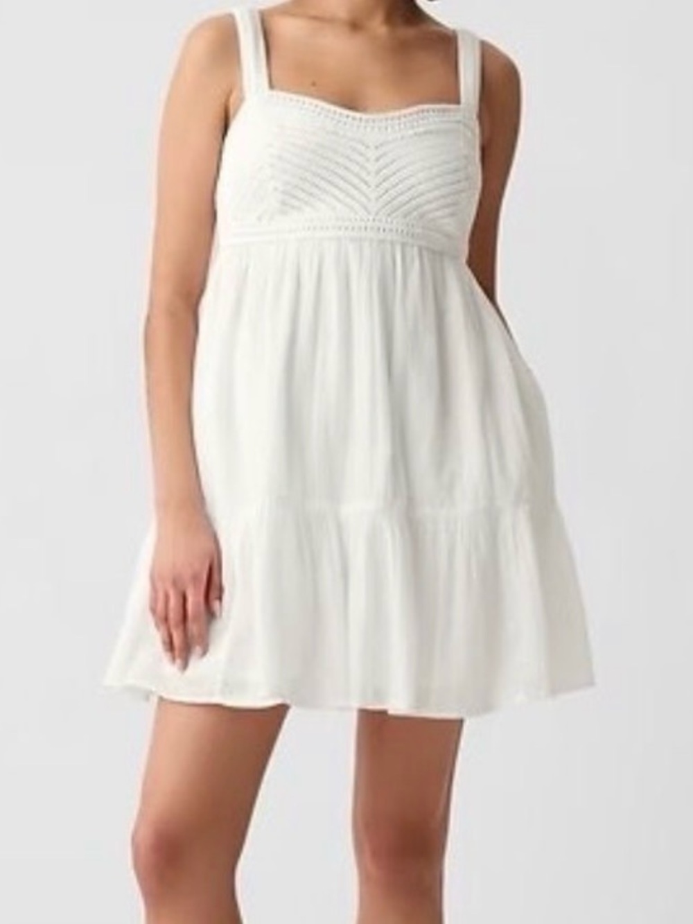 white Gap crochet mixed media mini dress with a V-neck and tiered skirt L